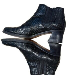 Stephane Kelian Paris Black Woven Leather Boots Y2K Block Heel Size 8 Vintage
